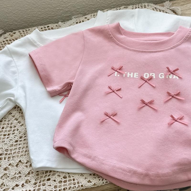 Children's Girls T-Shirts Bowknot Letter Printing Short Sleeve Top Kids Cotton Tees Clothes For Baby Girls Summer