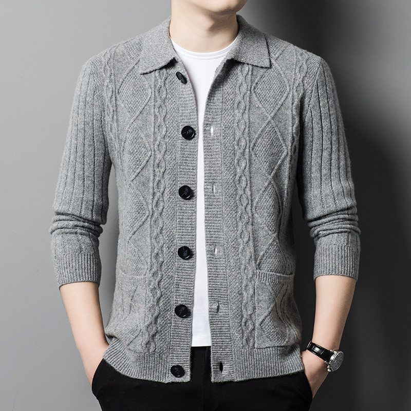 New Autumn and Winter Men's Pure Wool Knitwear, Loose Casual Versatile Fashionable Lapel Cardigan Men's Jacket