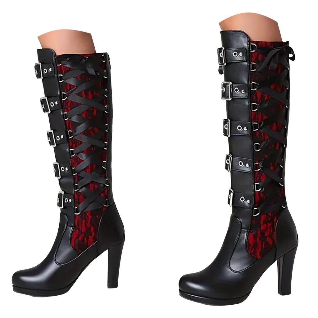 Long Thigh High Boots For Women Women'S Winter Vintage Knee High Boots Chunky High Heel Lace Up Boots Halloween Zapatos De Mujer