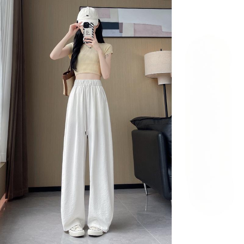 White Sports Wide-leg Pants for Summer Women's Drape Straight Loose Casual Pants Quick-dry Ice Silk Banana Satin Scimitar Pants