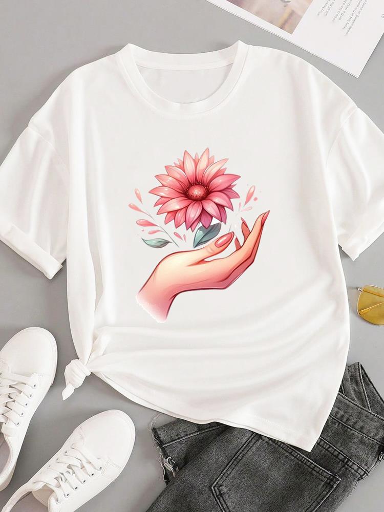 (Asian Size) T-shirts Fashion O-neck Female Casual Women's Top T Clothing Sweet Love Style 90s  Print Short Sleeve Graphic Tee