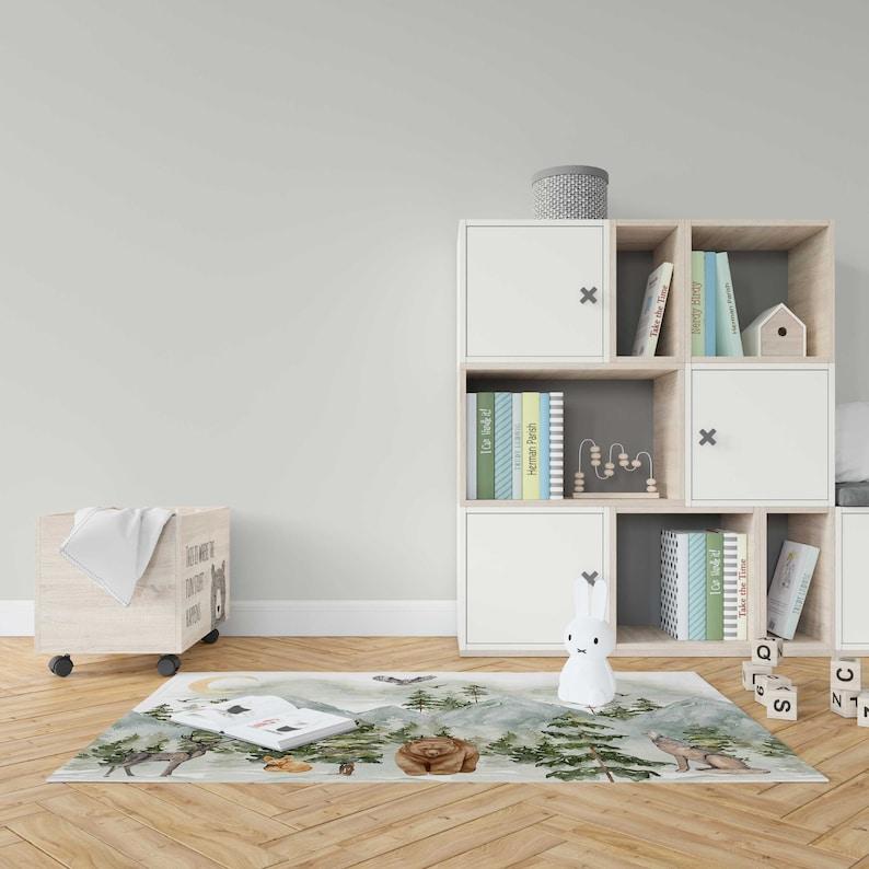 Mountain Woodland Animal Area Rug for Nursery Kids' Bedroom Carpet Nature Theme Floor Mat Kids Room Decor Floor Rug