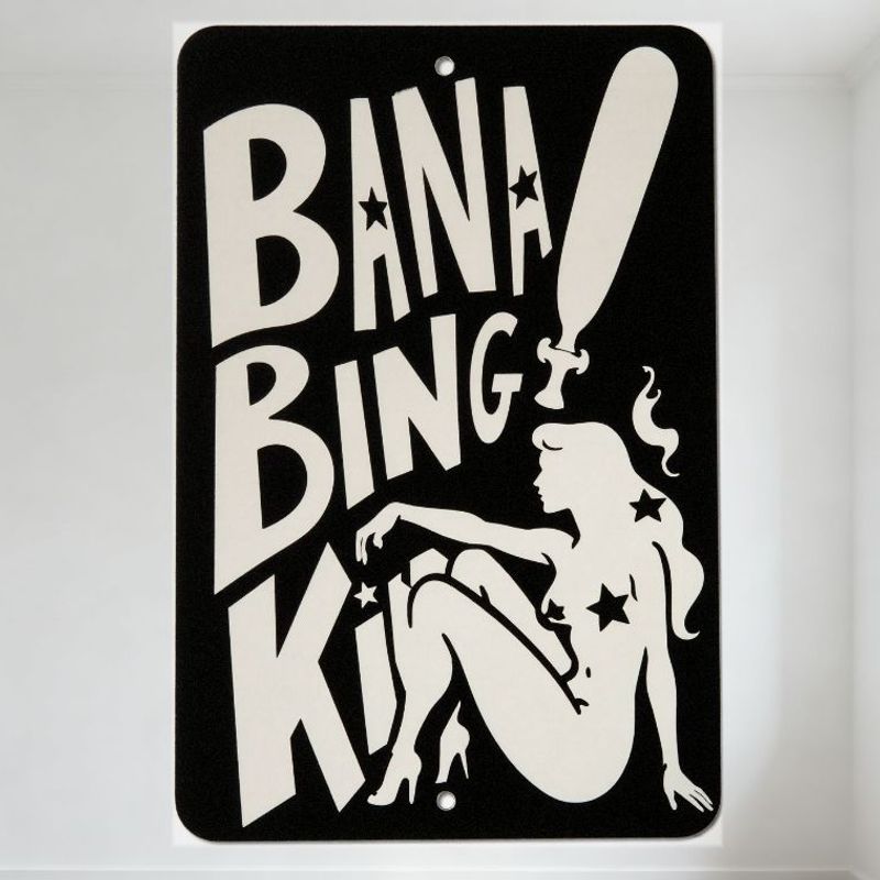 Bana Bing Kit Black White Tin Sign with Woman Silhouette, Stars, Baseball Bat - Vintage Metal Plaque for Bar Cafe Man Cave Home