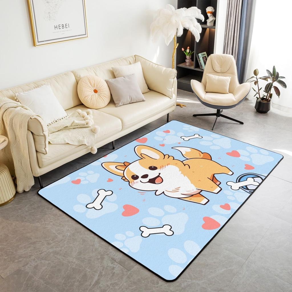 Cute Dog Print Area Rug Cartoon Corgi Pet Bones Living Room Rugs Playmat Lovely Puppy Animals Decorative Rug Indoor Floor Mat