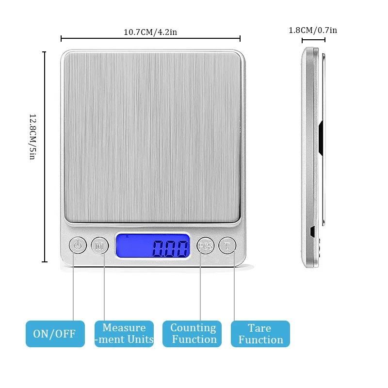 Pocket Digital Scale Electronic Weight Scales 3kg 0.1g / 500g 0.01g Jewelry Scale Food Kitchen Balance Silver With 2 Tray
