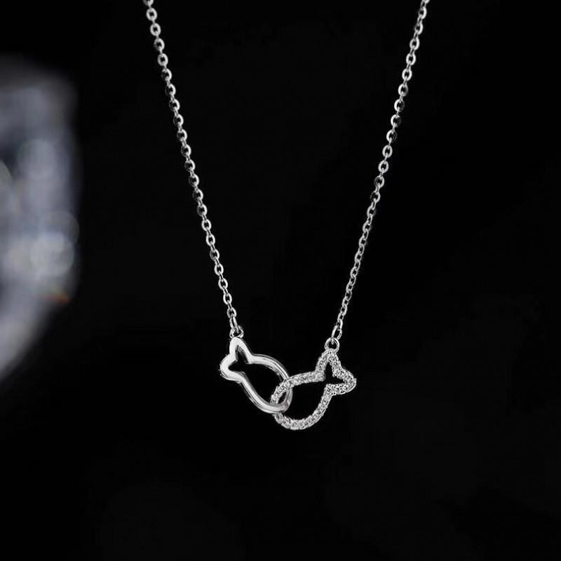 Sterling Double Fish Pendant Necklace Women Minimalist Elegant Lightweight Fashion Jewelry 925 Sterling Silver