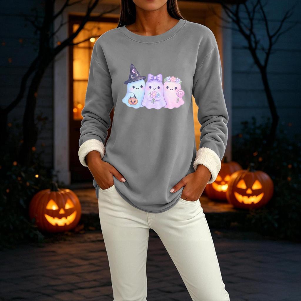 Women's Halloween Print -Lined Long Sleeve Round Neck Sweatshirt for Winter Casual Wear