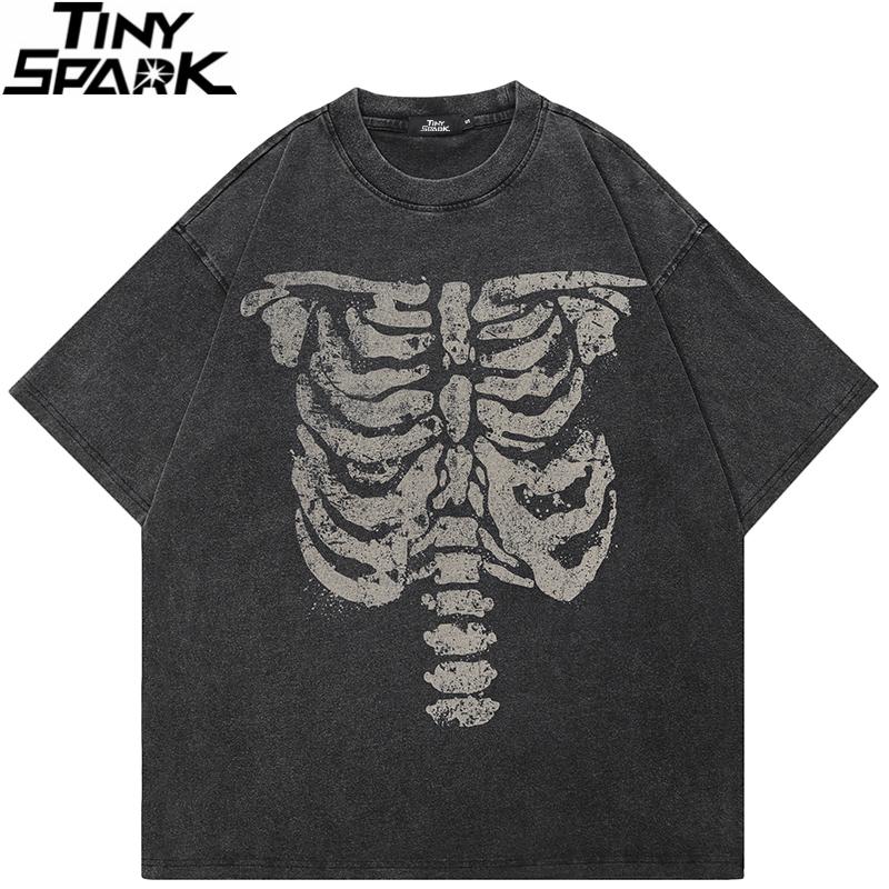 Hip Hop Faded Black TShirt Streetwear Skeleton Graphic T Shirt Cotton Hipster Men Tshirt Unisex Tops Tees Vintage
