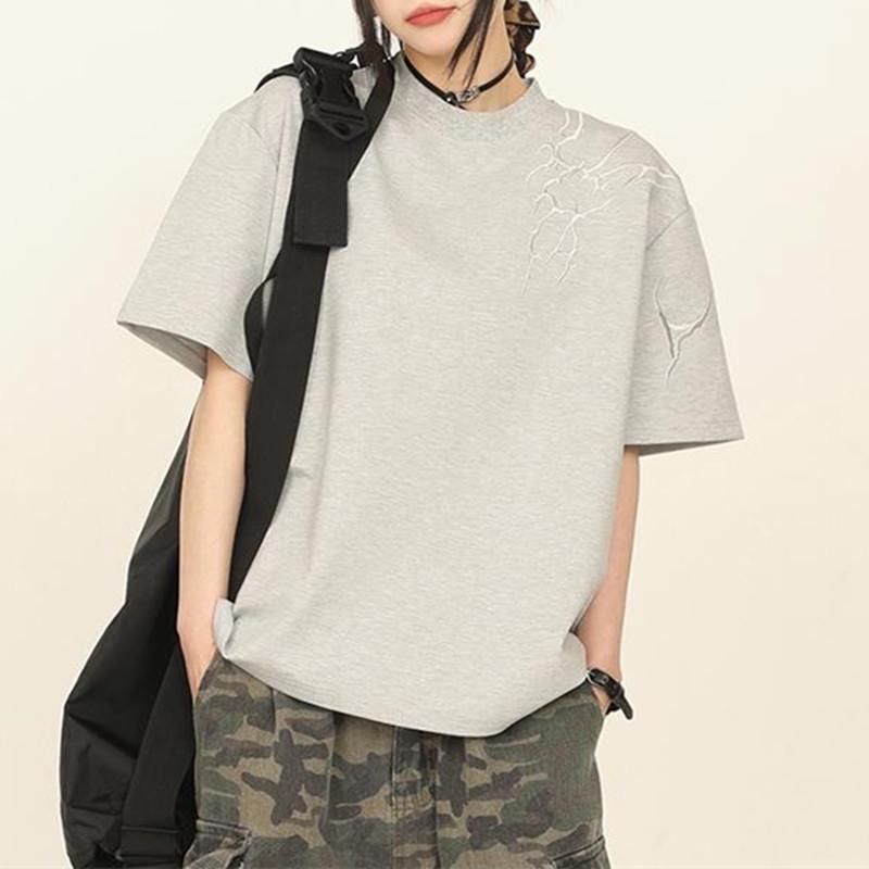 

Унісекс футболка з вишивкою темним візерунком з коротким рукавом - Повсякденний літній топ у китайському стилі L чорний