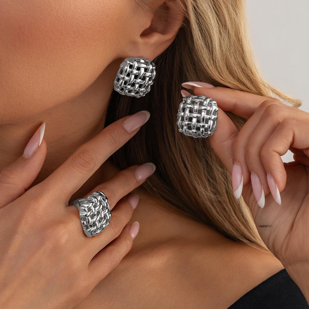 Irregular Square Thick Opening Ring Earring Set for Women's Retro Geometric Gold Finger Ring Wedding Jewelry