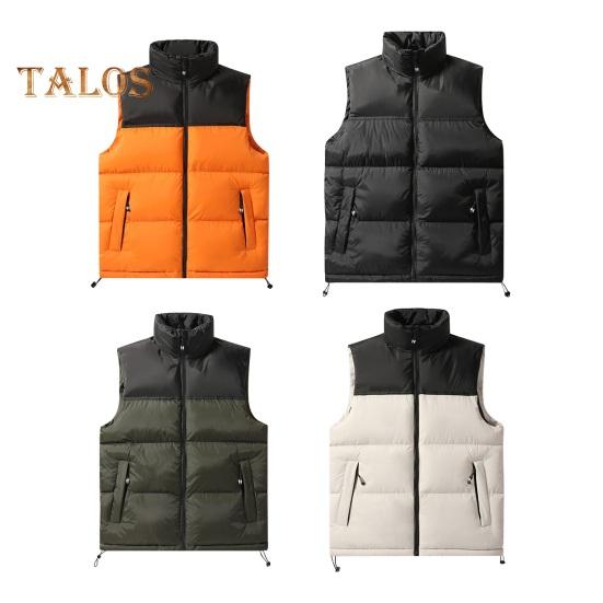 Men Cotton Waistcoat Stand Collar Sleeveless Patchwork Color Cotton Vest Coat with Pockets Elastic Drawstring Hem Zipper Placket Vest Outwear