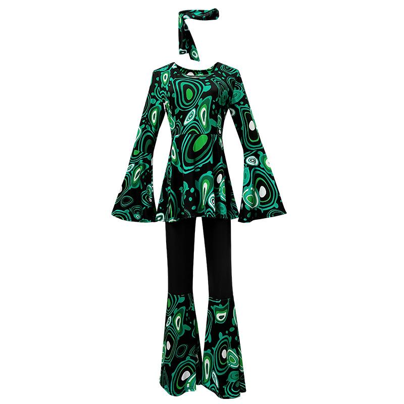 New Multi-color Printed Top, Pants Splicing Set, Including Headscarf, Disco Dance Suit Women