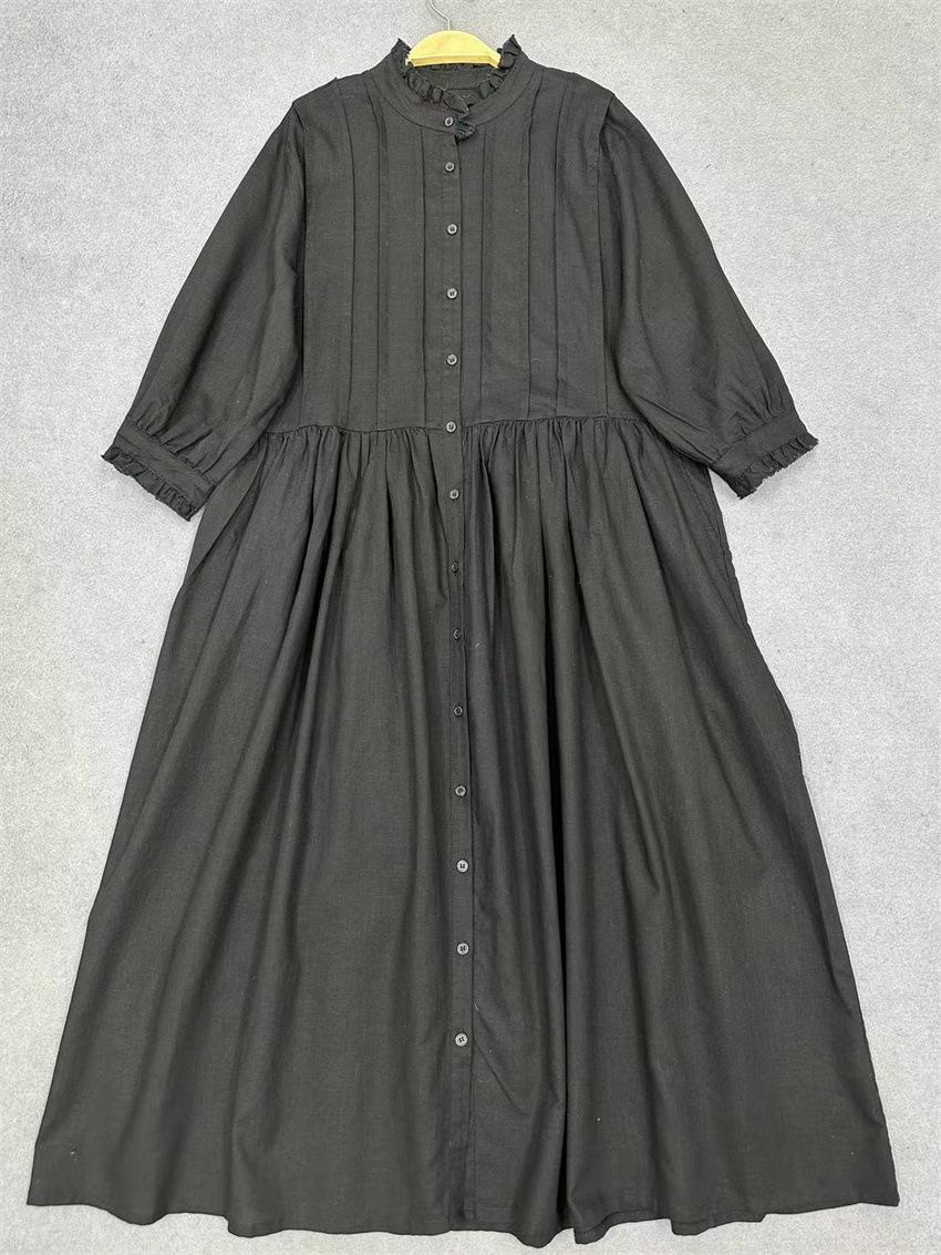 

Johnature Японські літні плісировані сукні зі стоячим коміром і вільними вінтажними жіночими сукнями One Size чорний