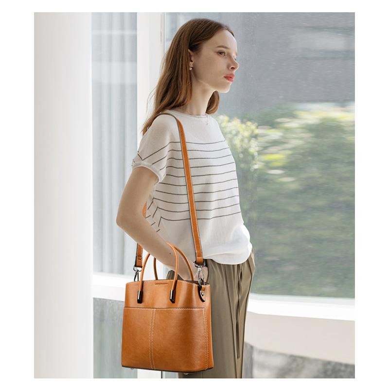 Oily Wax Leather Handbag Niche High-end Commuter Shoulderbag Female Large-capacity Messenger Bag