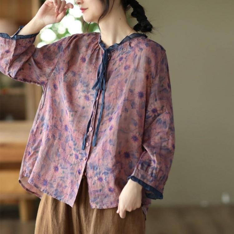 Vintage Chinese Style Floral Print Ramie Blouses Women Long Sleeve Button Tops Fall Shirts