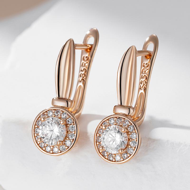 Simple  Rose Gold Color Round Dangle Earrings For Women Luxury Natural Zircon Accessories Bride Wedding Fine Jewelry