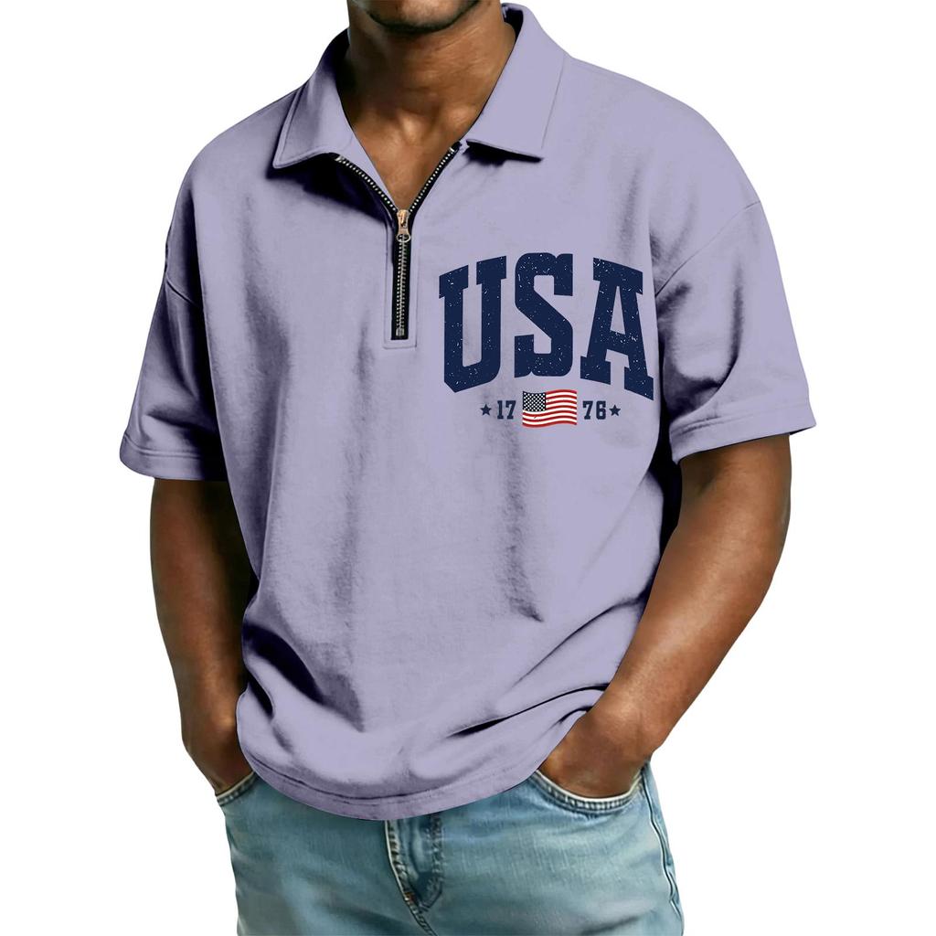 Men’s Short Sleeve Polo Shirt with Half Zip Collar USA Letter Print and Flag Embroidery Casual Fit Top
