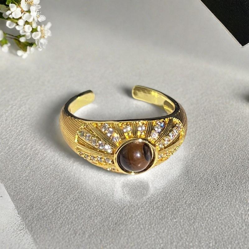 Zircon Imitation Tiger'S Eye Open Ring Niche Design High Sense Personality Stacking French Retro Ring