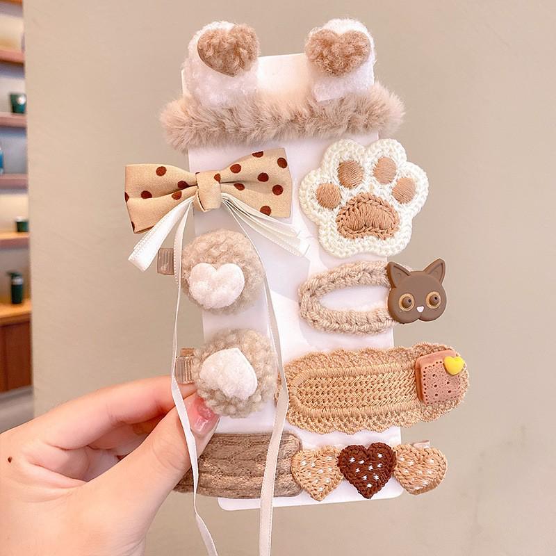Autumn & Winter Plush Bear Hair Accessories: Cute Milk Coffee Wool Flower Butterfly Hairpin for Children