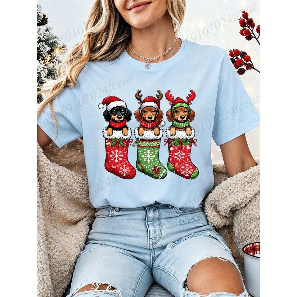 Christmas Dachshund Dog T‑Shirt Women Xmas Stocking Santa Hat Print