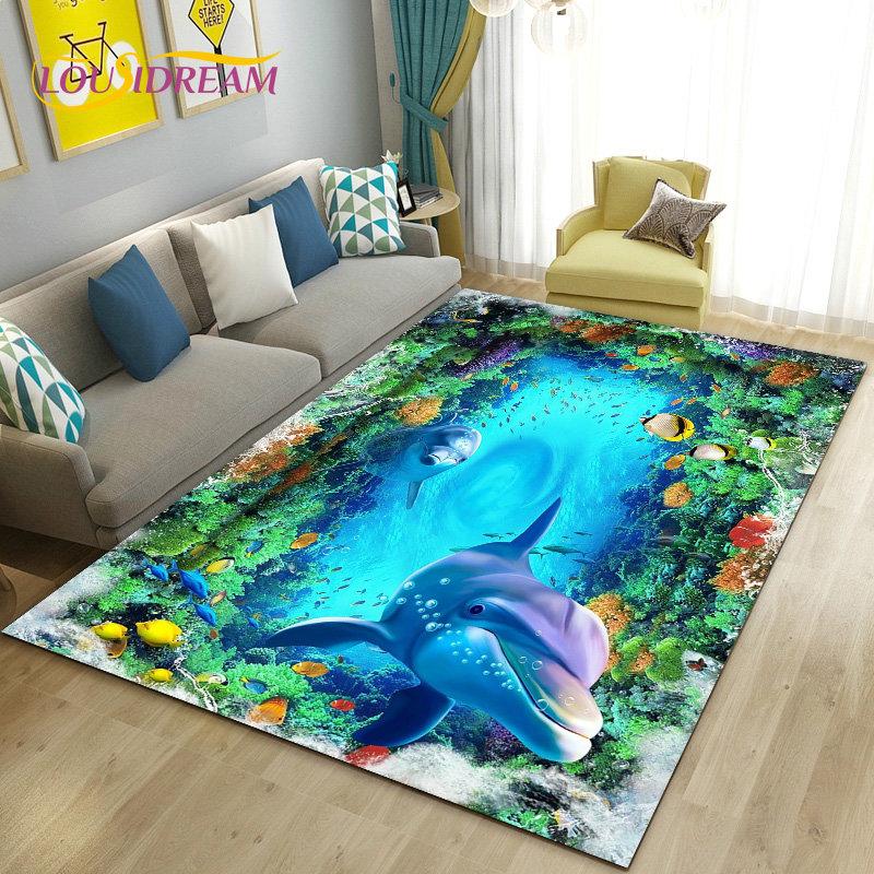 3D-Illusion Unterwasserwelt Meeresboden Delfin Hai Teppich, Teppich für Wohnzimmer Schlafzimmer Sofa Fußmatte Rutschfeste Bodenmatte