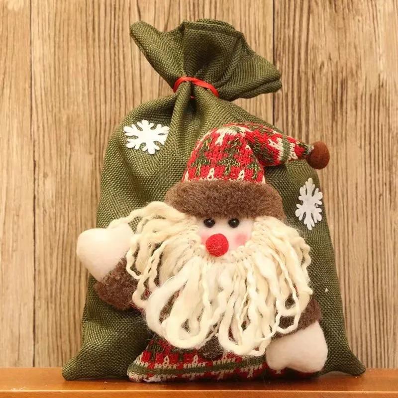 Large Christmas Linen Drawstring Gift Bag Candy Snack Packaging Bag New Year Holiday Cartoon Apple Stocking Christmas Decoration