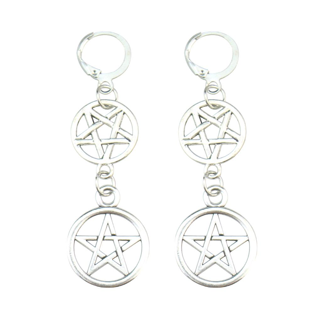 Pentagram Sword Earrings Silver Plated Hug Hoop Pendant Witch Jewelry Pagan Wikentaro Gothic Emo Women's Gift