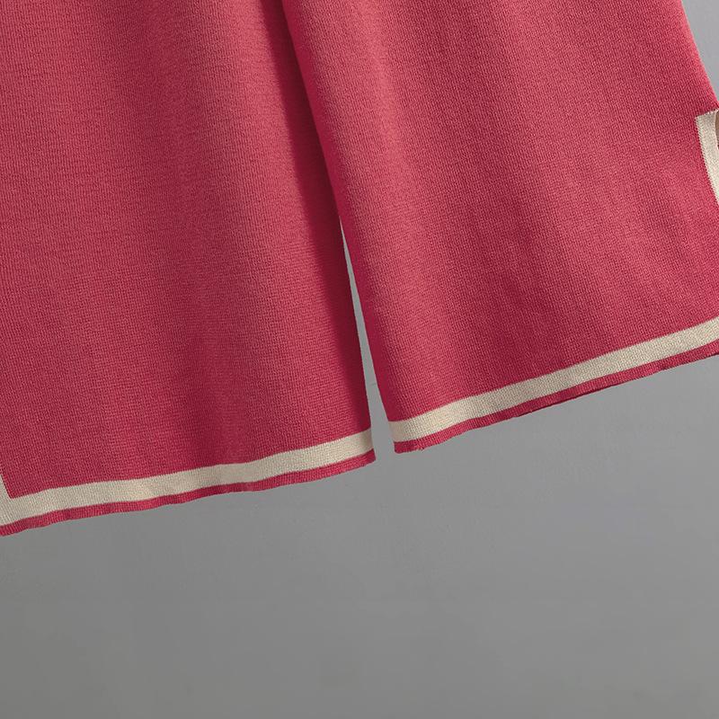 Women Temperament Contrast Color Split Short Sleeve Knitwea High Waist Slim Wide Leg Pants Two Piece Set