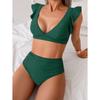 Navy Blue Ruffle Sleeve High Waist Bikini Set V Neck Two Piece Swimsuit