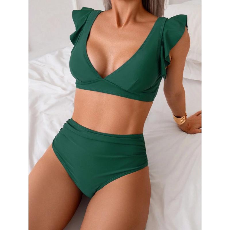 Navy Blue Ruffle Sleeve High Waist Bikini Set V Neck Two Piece Swimsuit