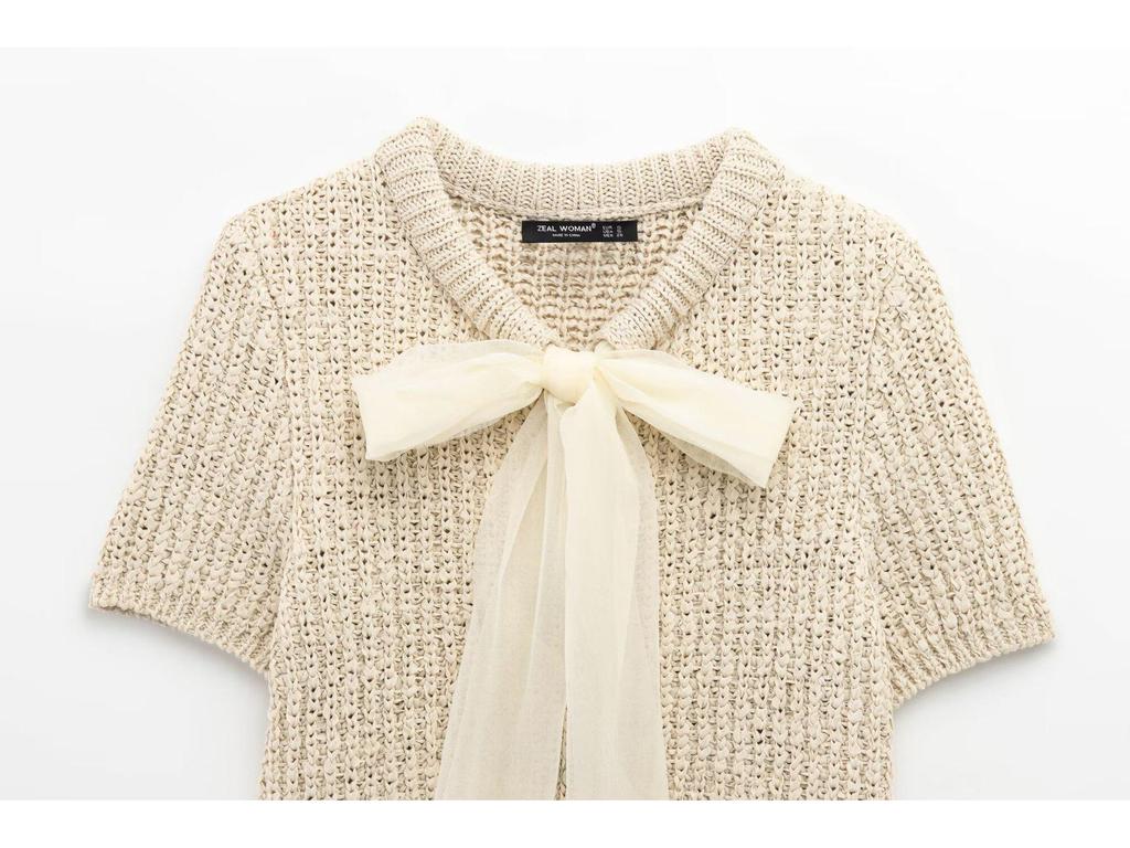 Spring 2025 Women's Fashion: European American Style Transparent Yarn Bow Brooch Cardigan