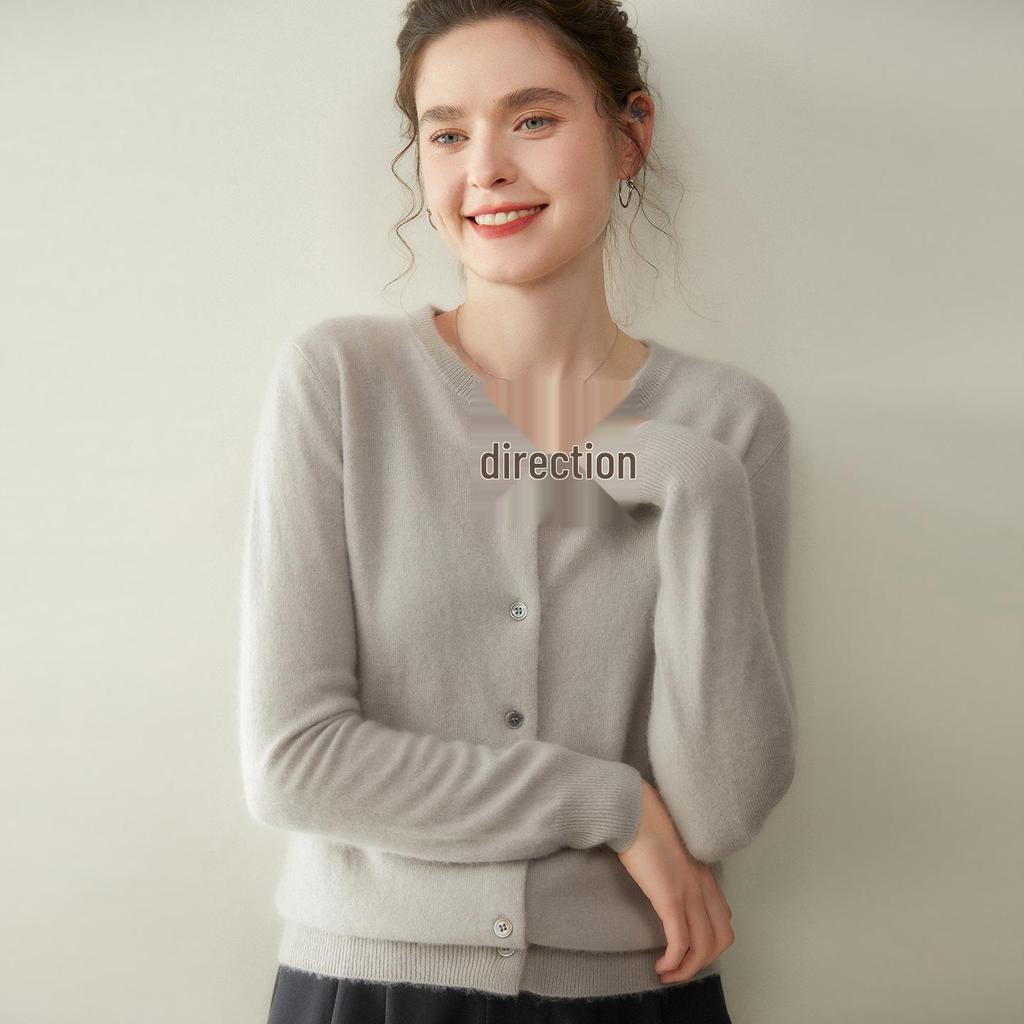 Women's Round Neck Cashmere Cardigan – Soft & Simple, Solid Color, Loose Fit, Fashionable Knit Sweater for Autumn/Winter.