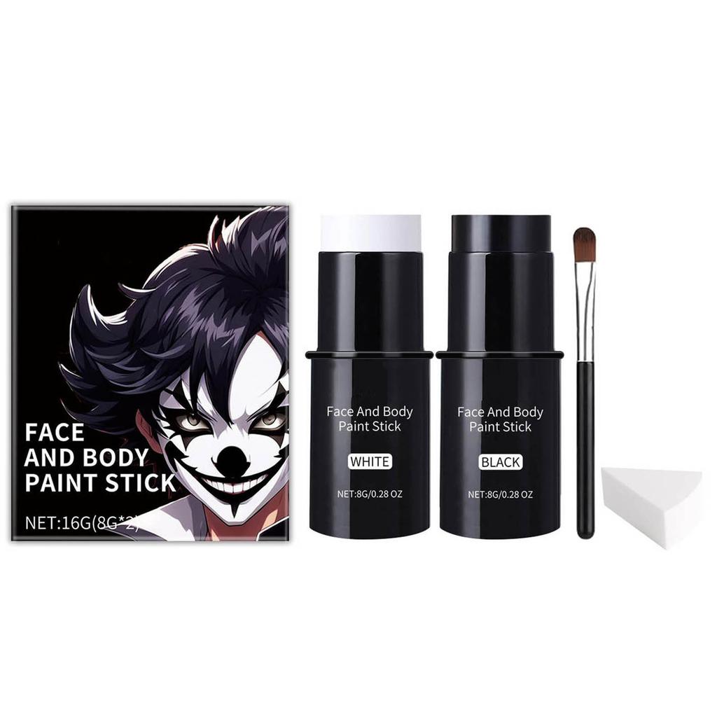 Professional Clown Face Paint Stick Kit for Halloween Skeleton Skull Cosplay Makeup, White Black Body Paints with Brush and Sponge, Special Effects Co
