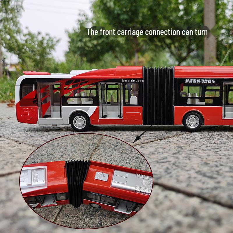 Mingsheng City Alloy Double-Section Bus Toy with Sound, Light, and Realistic Pronunciation Features.