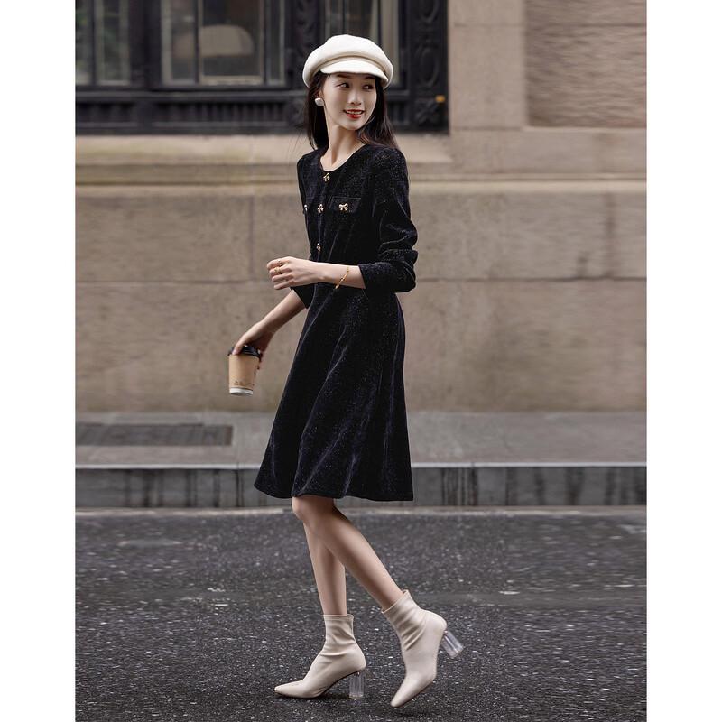 

Demana New Year & Rose Velvet Bow Puff Sleeve A-Line Dress S