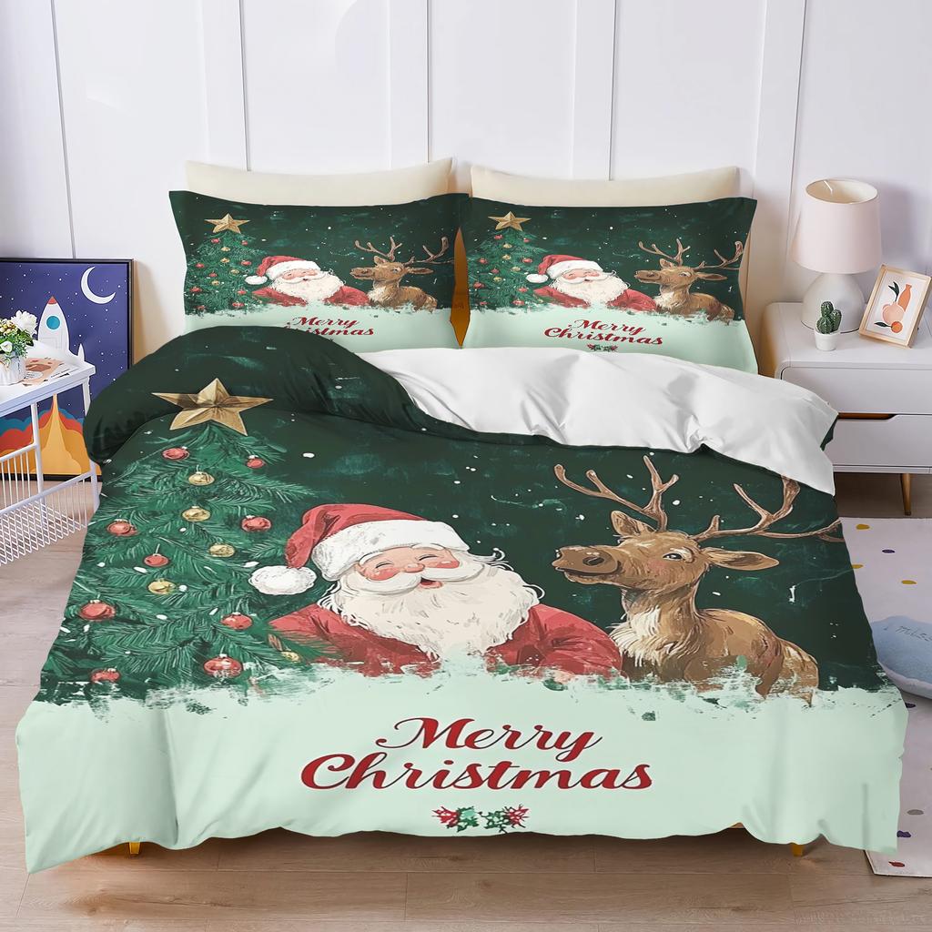 Gingerbread Man Santa Claus  Christmas Tree Reindeer Anime Printed Bedding Set Duvet Cover Queen Cotton Cute Cartoon Quilt Cover