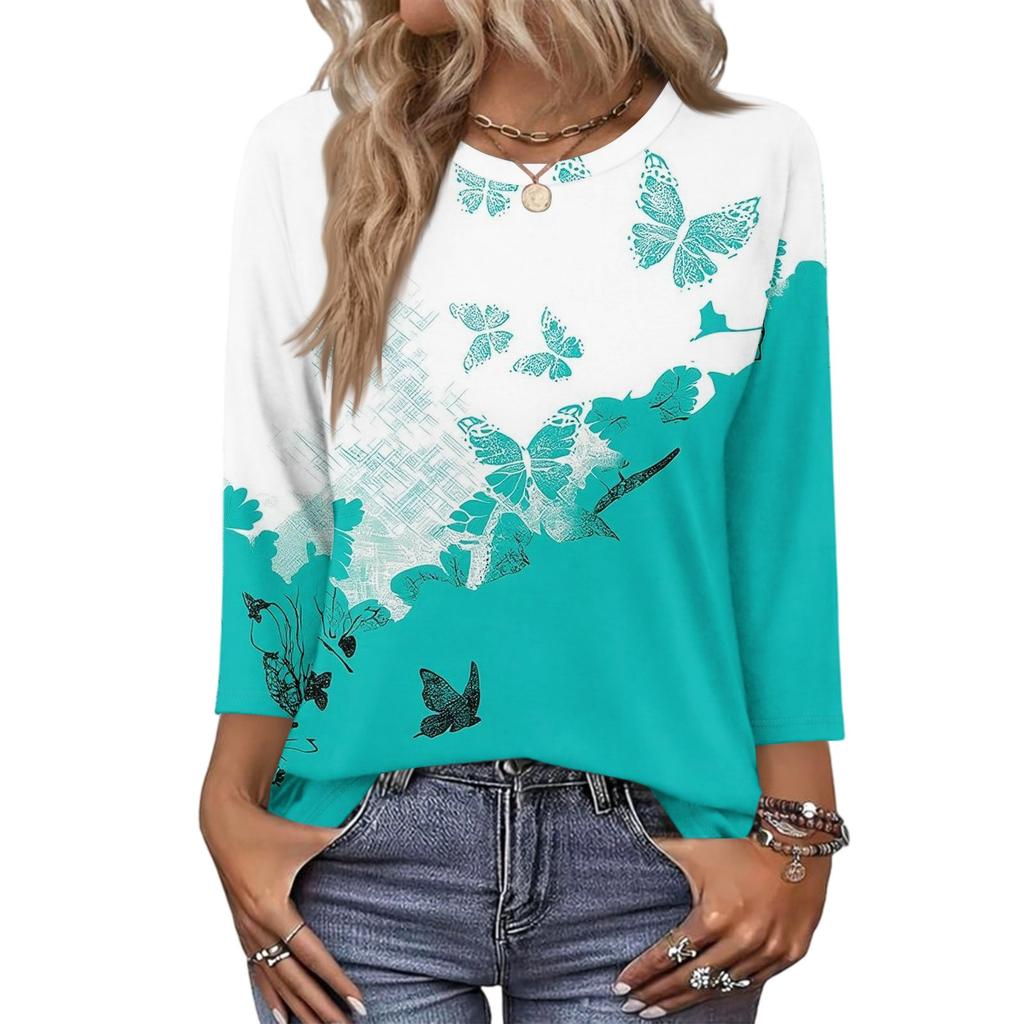 343/4 Sleeve Shirts For Women Cute Print Graphic Tees Blouses Casual Plus Size Basic Tops Pullover