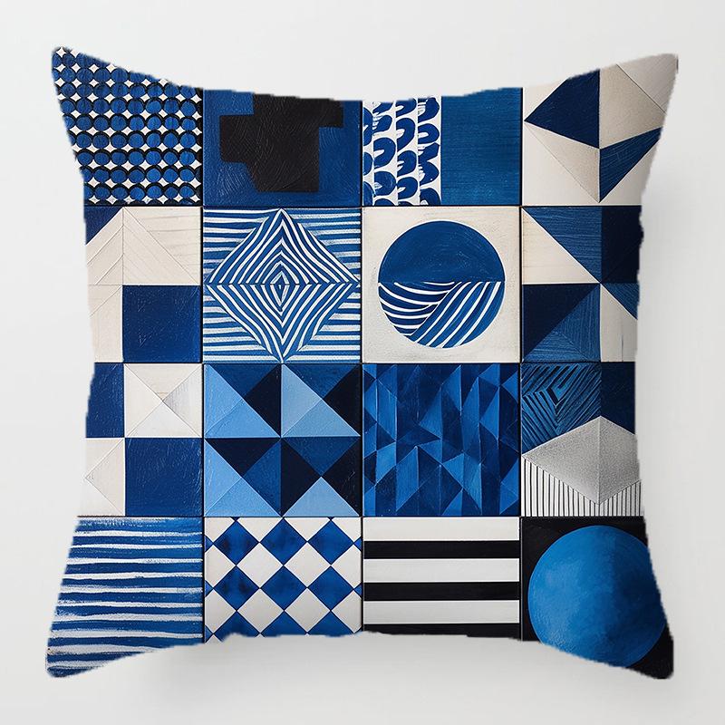 Blue Geometric Pattern Throw Pillow Cover With Short Plush Print For Living Room Sofa Decoration Cushion Cover Pillow Covers
