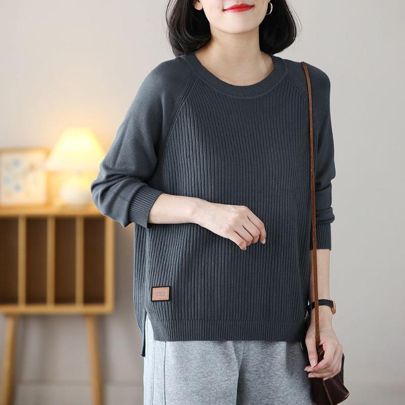 Artistic Round Neck Pullover Sweater for Women's Autumn Winter Knitted Top Loose Base Sweaters Simple