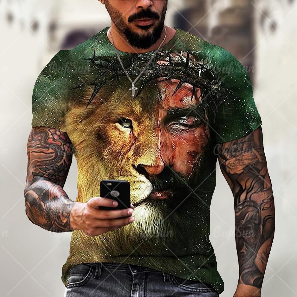 Christ Jesus T-Shirts for Men 3D Lion Printed T-Shirt Summer Clothes Short Sleeve Streetwear Vintage Tops Tee Shirt Men Clothing