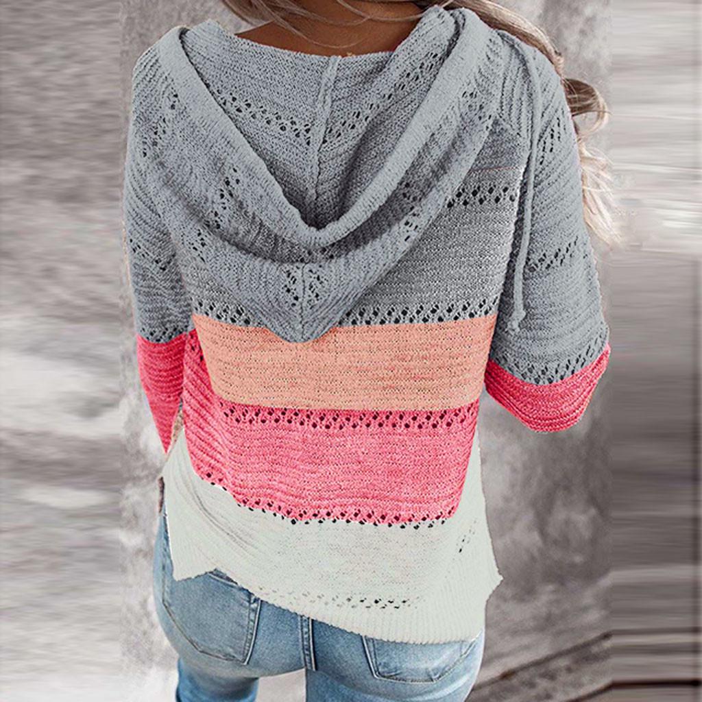 Fashion Women Casual Patchwork Long Sleeves Hooded Sweater Cardigan Blouse Tops