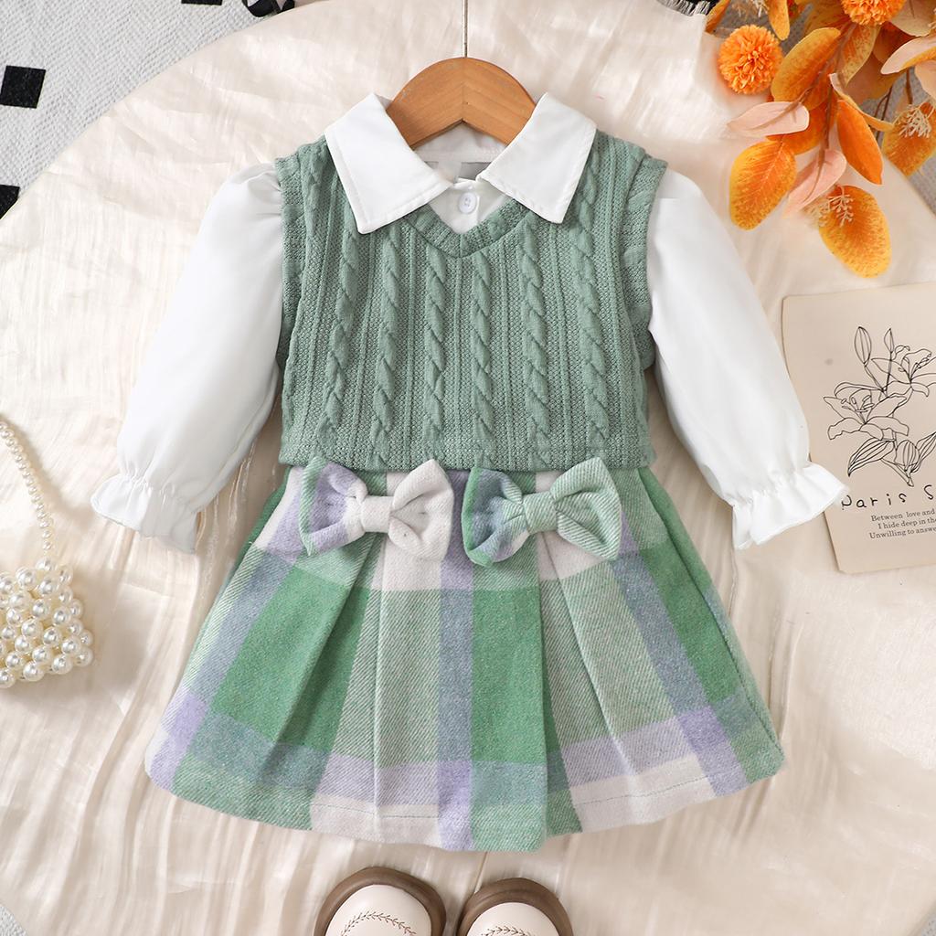 Children Girl Set Splicing Checkered Skirt Mini Bag Set Suitable Girls Autumn College Style Set