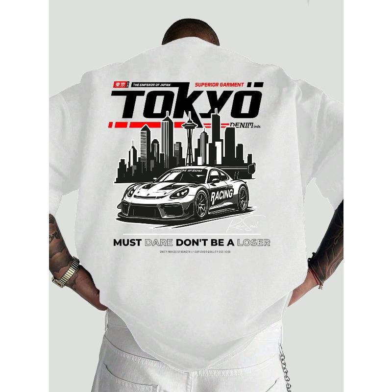 European Size Tokyo Racing Culture" Printed Men's T-Shirt - Street Style Short Sleeve, Loose Fit Crew Neck Top, Casual Trendy Wear, Holiday Gift