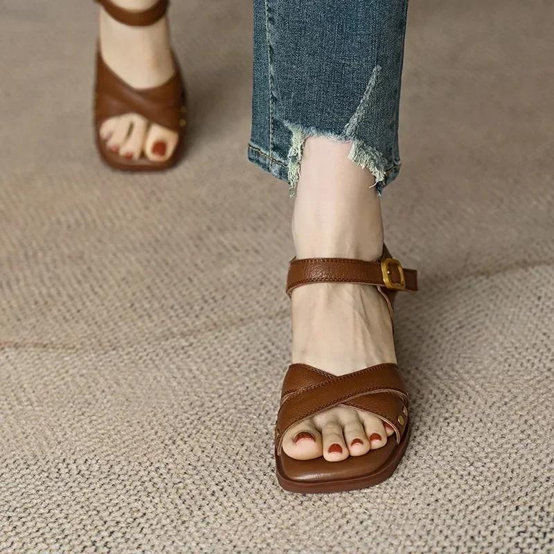 Womens Summer Mid-heel Open-toe Sandals Empty Back Cross Straps Elegant Woman Heeled Shoes 2024 Heels Women Non-slip Roman Shoes