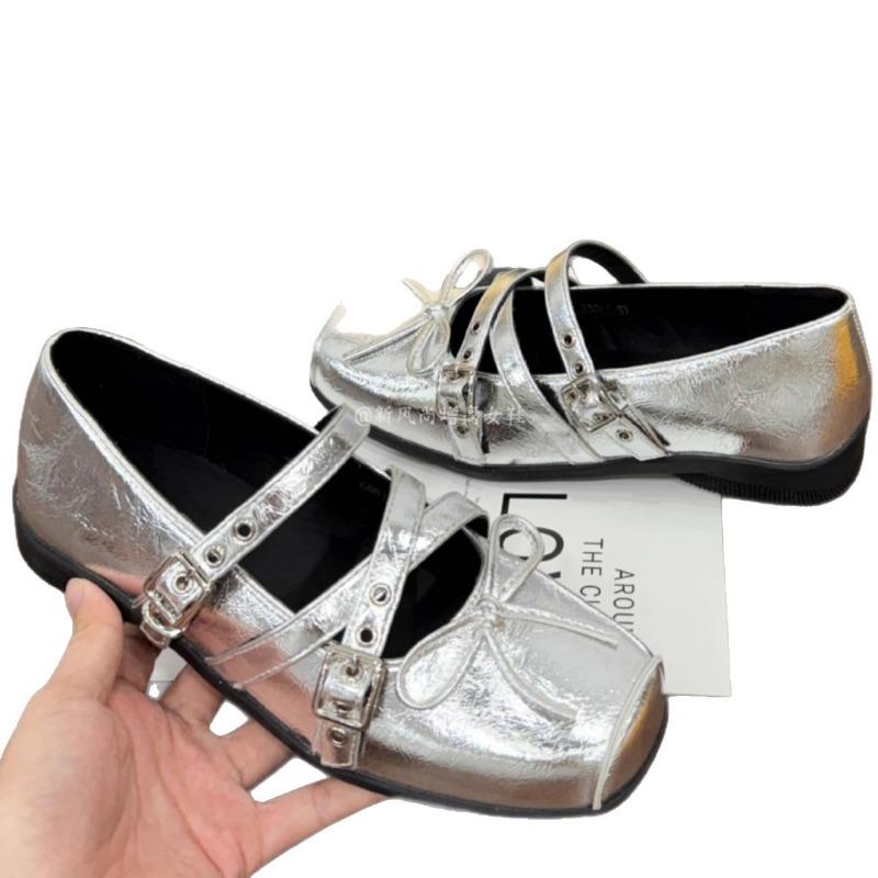 Spring and summer new silver bow ballet shoes femininity cross strap versatile Mary Jane shoes