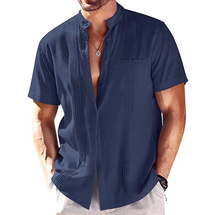 

Мужские летние хлопковые льняные рубашки с верхом на пуговицах, повседневные однотонные мужские классические черные, белые модные рубашки, рубашка с коротким рукавом XXL темно-синий