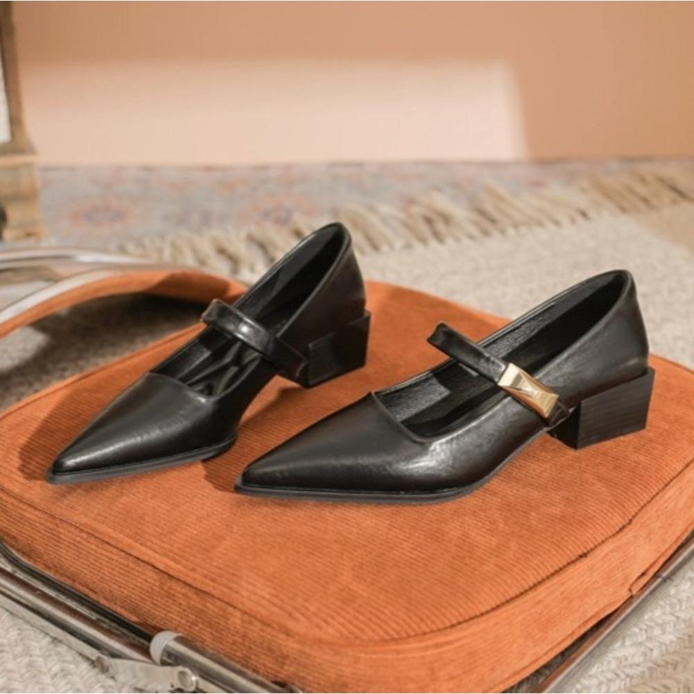 Sharp Pointed Pumps Women's Spring Autumn Thick Heeled Leather Shoes with A Mid Heel Shallow Mouth Versatile Short Pumps Women
