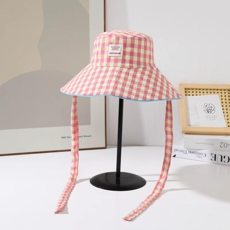 

Korean Plaid Wide Brim Bowtie Fisherman Hat Women s Summer Large Brim Face Slimming Sun Protection Hat Bucket Hat рожевий