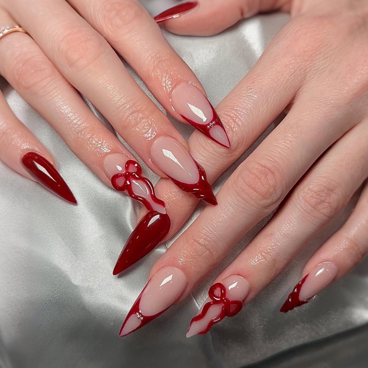 3D Red Bow Valentine s Day Long Almond Nude Transparent Nails with Wine Red Hand-Painted Stickers