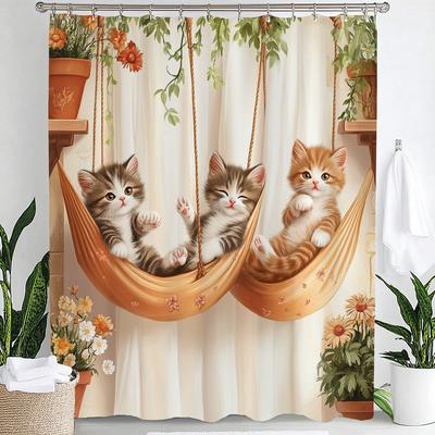 Lovely Cat Shower Curtain, Bathroom Cats In the Garden Flower Shower Curtain, Modern Decorative Fabric Shower Curtain with Hooks